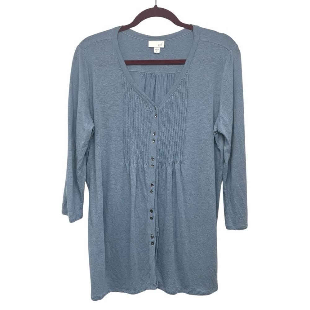 J. Jill Slate Blue Linen Modal Pintuck Button Front Casual Blouse Top Medium - Picture 3 of 9
